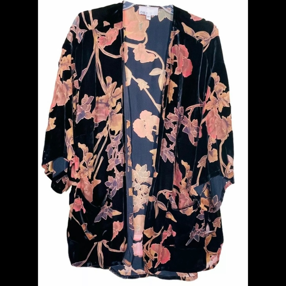 DR2 Black Floral Velvet Burnout Kimono Cardigan